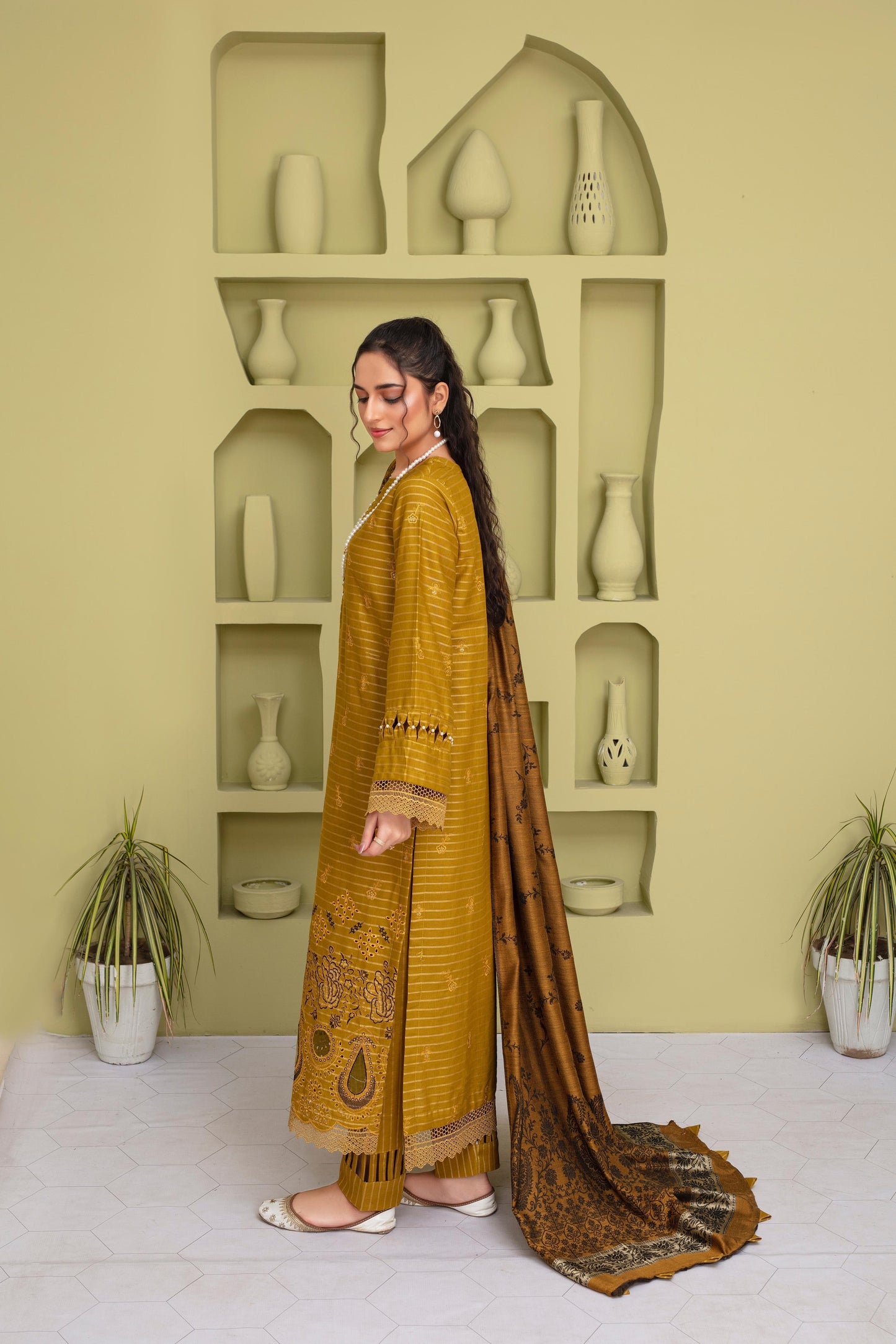 Bareeze 3PC DHANAK EMBROIDERED SHIRT WITH HEAVY CUTWORK EMBROIDERED DHANAK SHAWL AND TROUSER