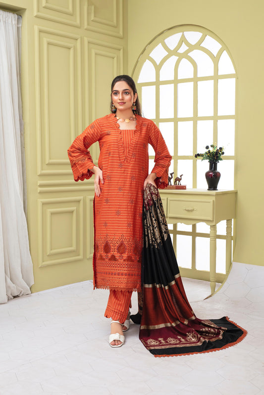 Bareeze 3PC DHANAK EMBROIDERED SHIRT WITH HEAVY CUTWORK EMBROIDERED DHANAK SHAWL AND TROUSER