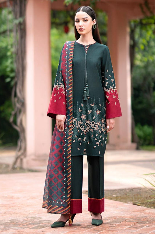 JAZMIN- 3PC DHANAK EMBROIDERED SHIRT WITH WOOL PRINT SHAWL