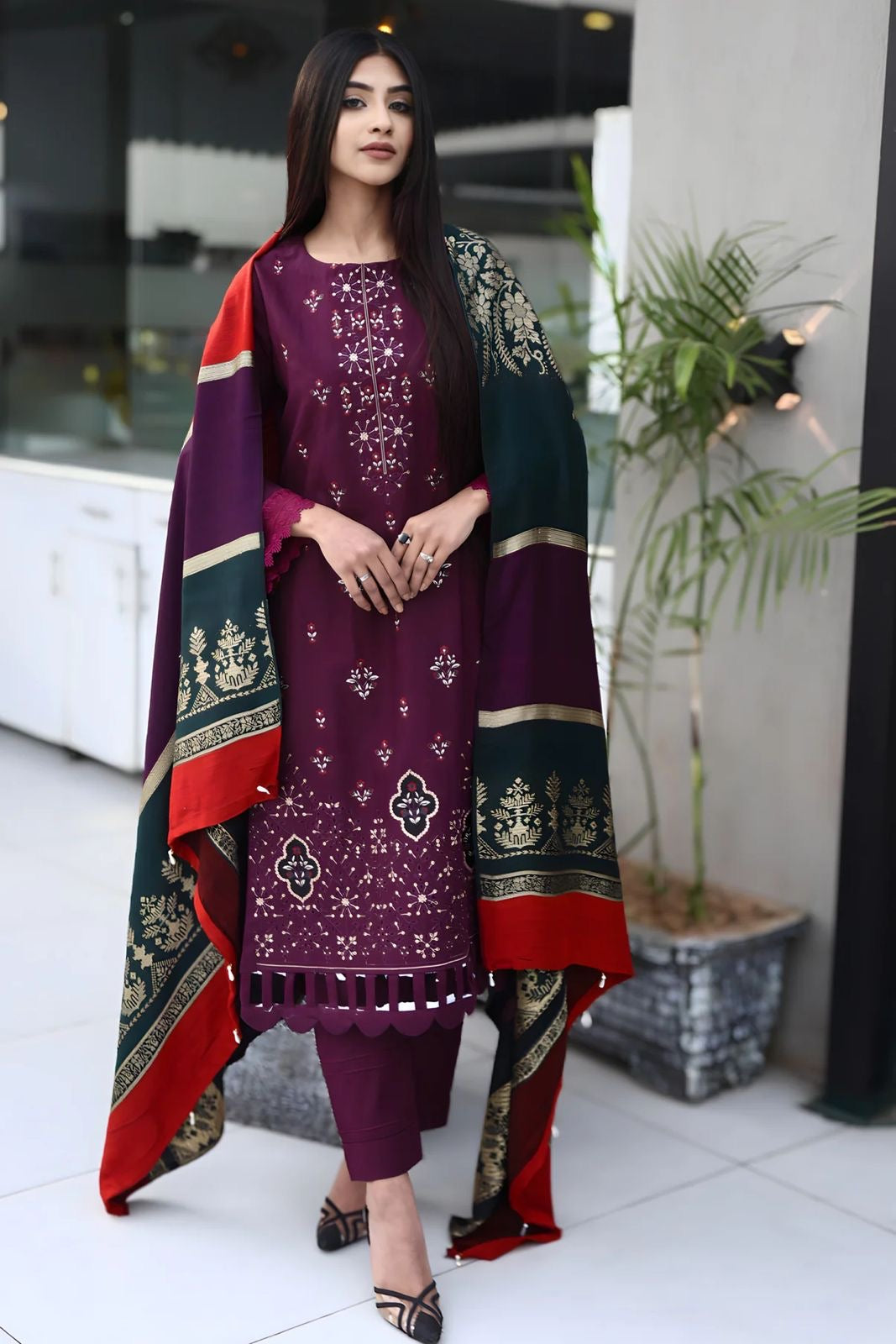 Winter Luxury Unstitched Khaddar 3pc With Wool jacquard Printed shawl