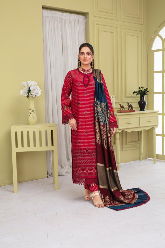 Bareeze 3PC DHANAK EMBROIDERED SHIRT WITH HEAVY CUTWORK EMBROIDERED DHANAK SHAWL AND TROUSER