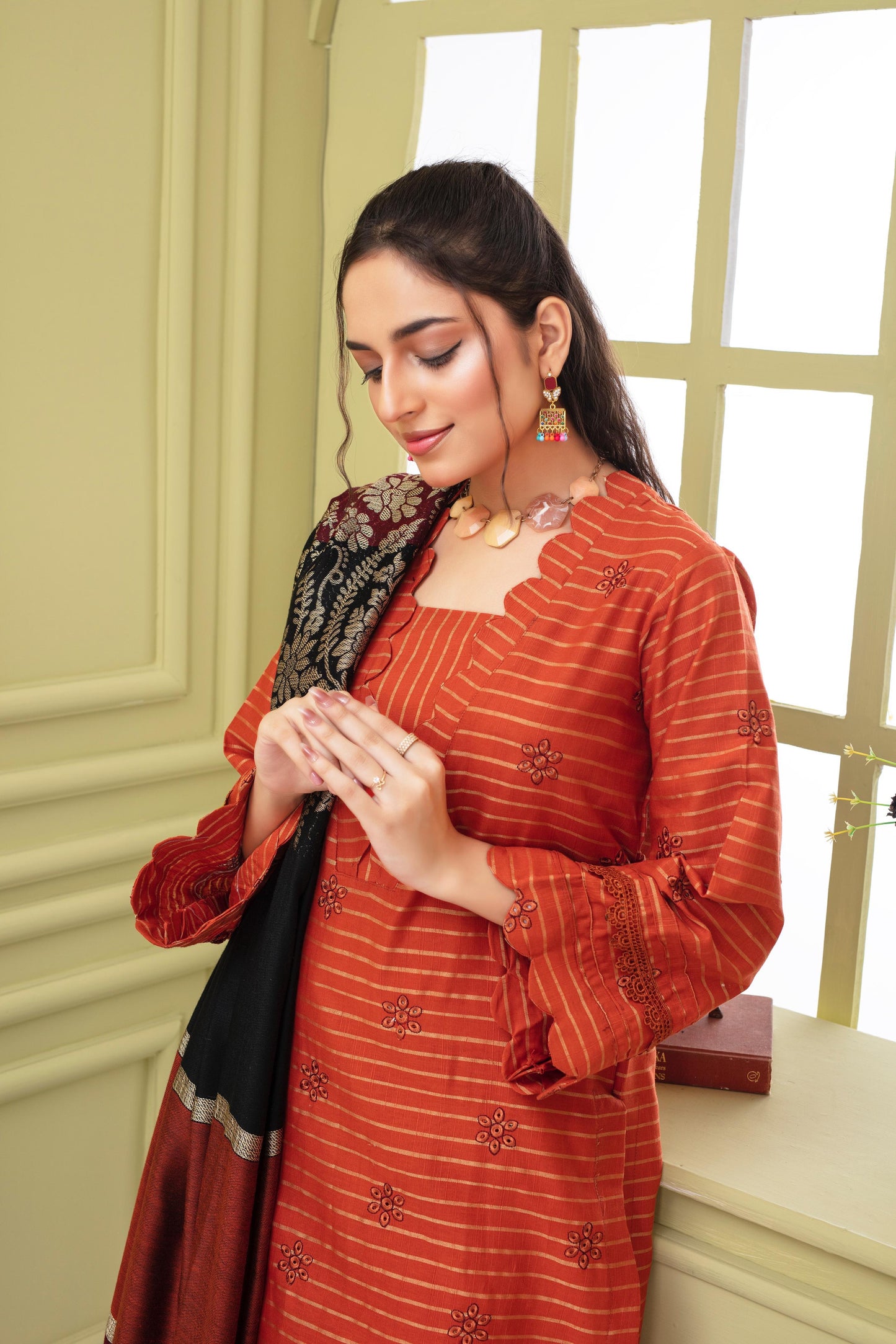 Bareeze 3PC DHANAK EMBROIDERED SHIRT WITH HEAVY CUTWORK EMBROIDERED DHANAK SHAWL AND TROUSER