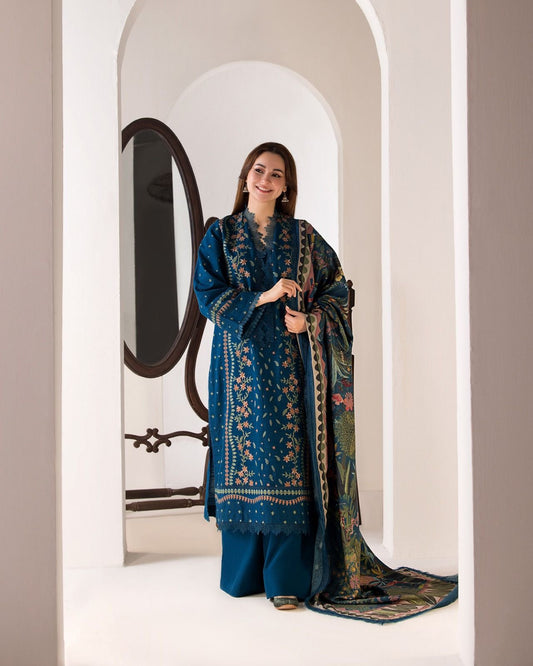 ZARA SHAH JAHAN- 3PC DHANAK EMBROIDERED SHIRT DHANAK &Velvet Lining SHAWL