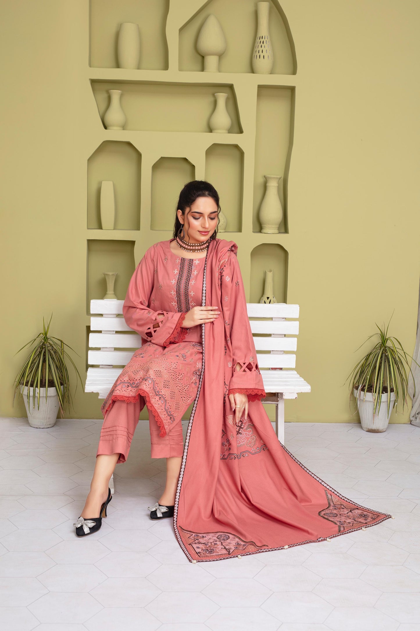 Bareeze 3PC DHANAK EMBROIDERED SHIRT WITH HEAVY CUTWORK EMBROIDERED DHANAK SHAWL AND TROUSER