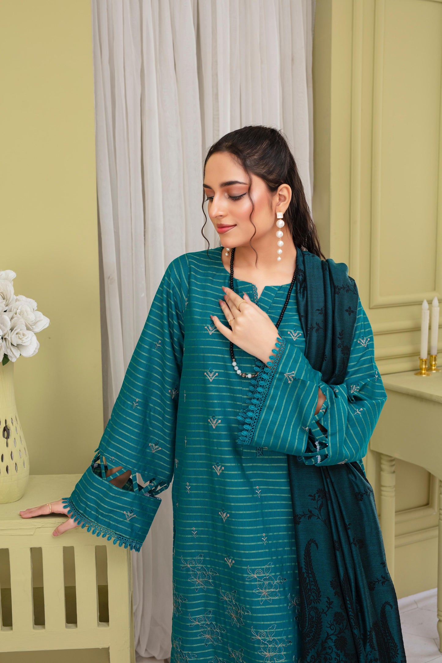 Bareeze 3PC DHANAK EMBROIDERED SHIRT WITH HEAVY CUTWORK EMBROIDERED DHANAK SHAWL AND TROUSER