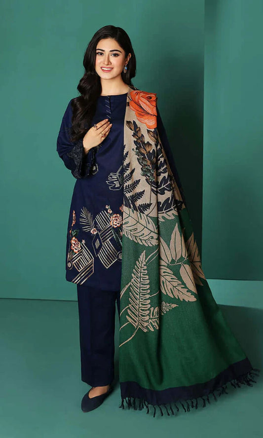 NISHAT- 3PC DHANAK EMBROIDERED SHIRT WITH WOOL PRINT SHAWL AND TROUSER