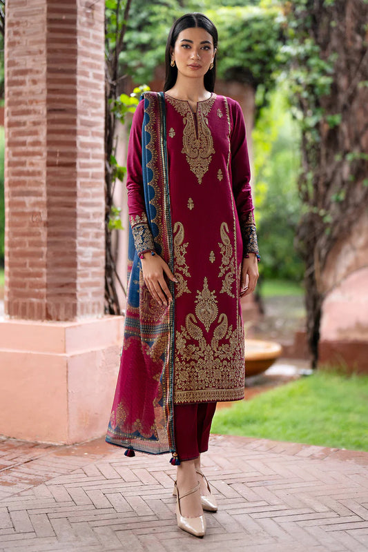 JAZMIN- 3PC DHANAK EMBROIDERED SHIRT WITH WOOL PRINT SHAWL AND TROUSER