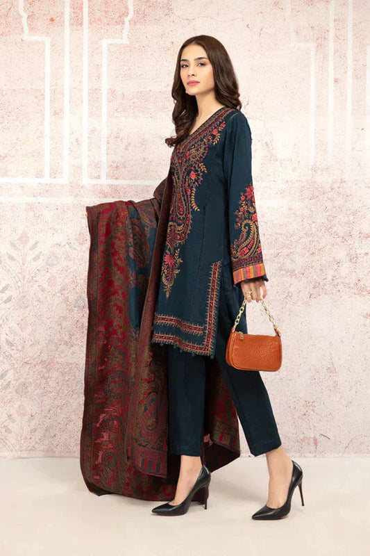 MARIA B-3PC DHANAK EMBROIDRED SHIRT WITH WOOL PRINT SHAWL AND TROUSER