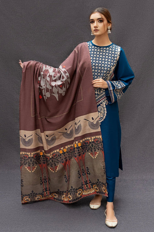 URGE - 3PC DHANAK EMBROIDERED SHIRT WITH COUTURE WOOL PRINTED SHAWL AND TROUSER