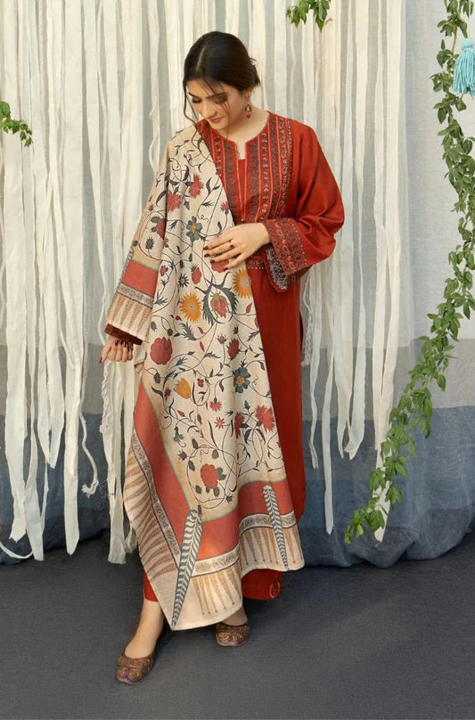 URGE - 3PC DHANAK EMBROIDERED SHIRT WITH COUTURE WOOL PRINTED SHAWL AND TROUSER