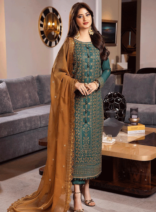 ASIM JOFA -3PC DHANAK EMBROIDERED WITH BAMBER CHIFFON EMBROIDERED DUPATTA