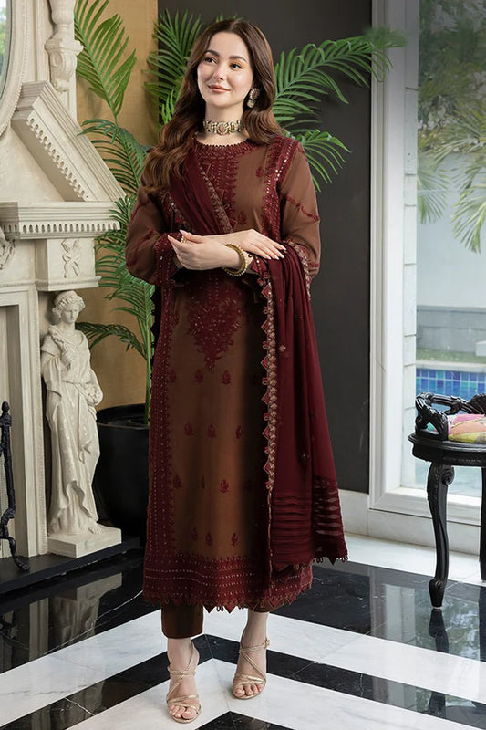 ASIM JOFA- 3PC DHANAK EMBROIDERED SHIRT WITH DHANAK EMBROIDERED SHAWL AND TROUSER