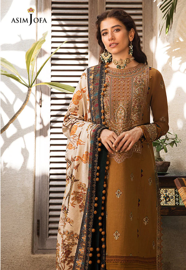 ASIM JOFA-3PC DHANAK EMBROIDERED WITH WOOL PTINT SHAWL