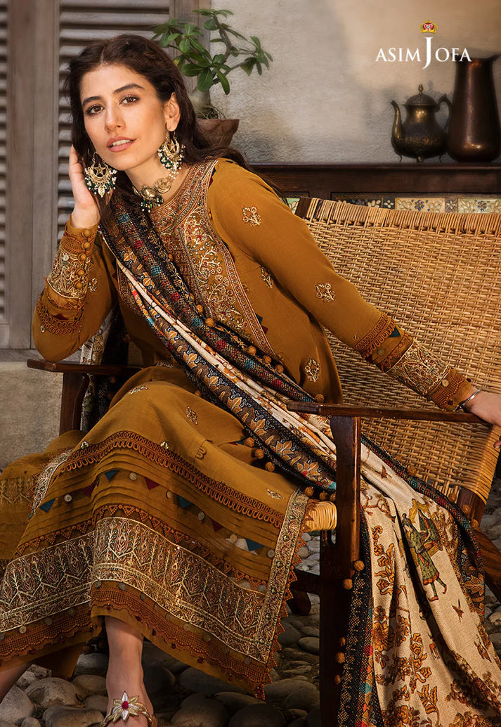 ASIM JOFA-3PC DHANAK EMBROIDERED WITH WOOL PTINT SHAWL