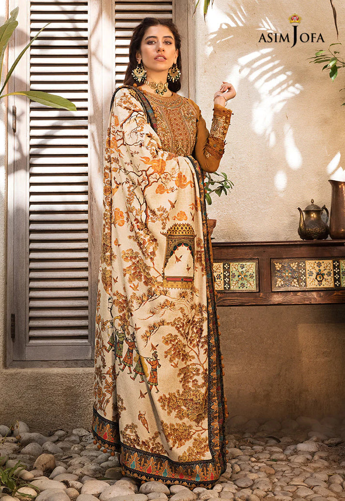 ASIM JOFA-3PC DHANAK EMBROIDERED WITH WOOL PTINT SHAWL