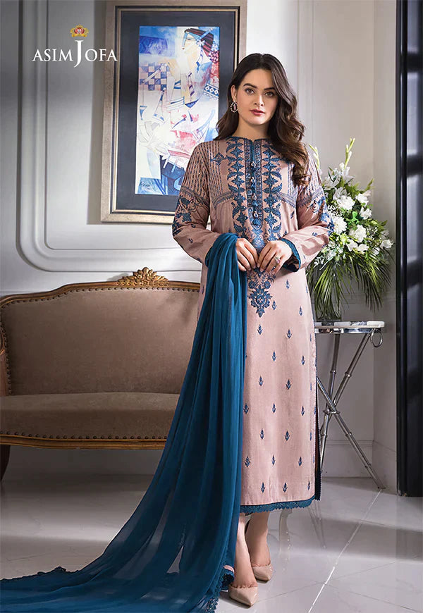 ASIM JOFA -3PC DHANAK EMBROIDERED WITH BAMBER CHIFFON EMBROIDERED DUPATTA