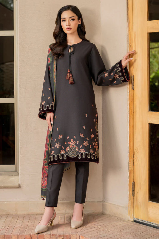 JAZMIN-3PC DHANAK EMBROIDRED SHIRT WITH WOOL PRINT SHAWL AND TROUSER