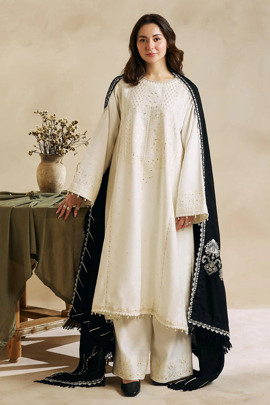 ZARA SHAH JAHAN- 3PC DHANAK EMBROIDERED SHIRT DHANAK EMBROIDERED SHAWL AND TROUSER