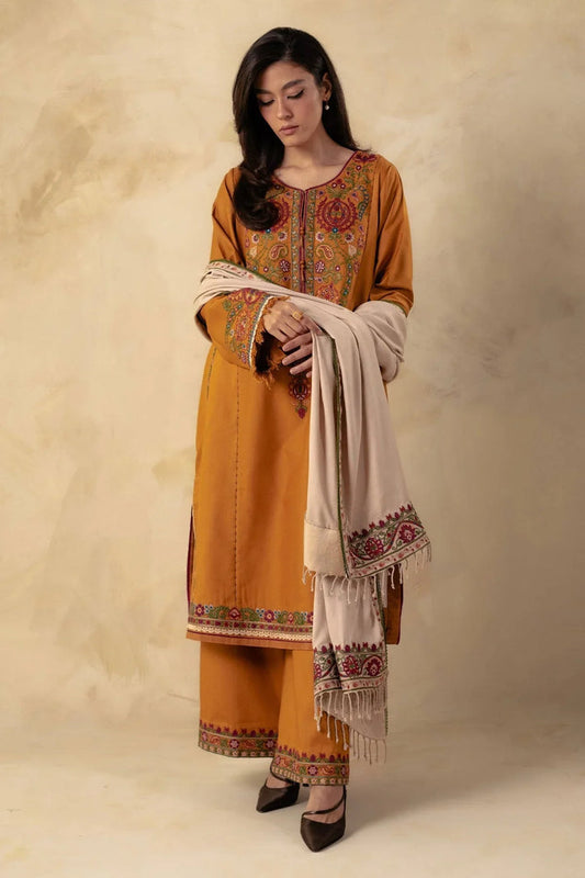 ZARA SHAH JAHAN- 3PC DHANAK EMBROIDERED SHIRT DHANAK EMBROIDERED SHAWL AND TROUSER