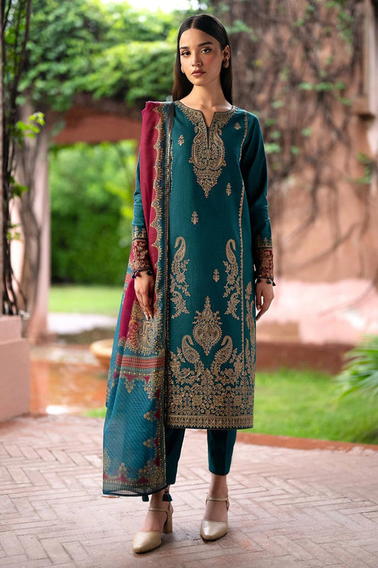 JAZMIN- 3PC DHANAK EMBROIDERED SHIRT WITH WOOL PRINT SHAWL