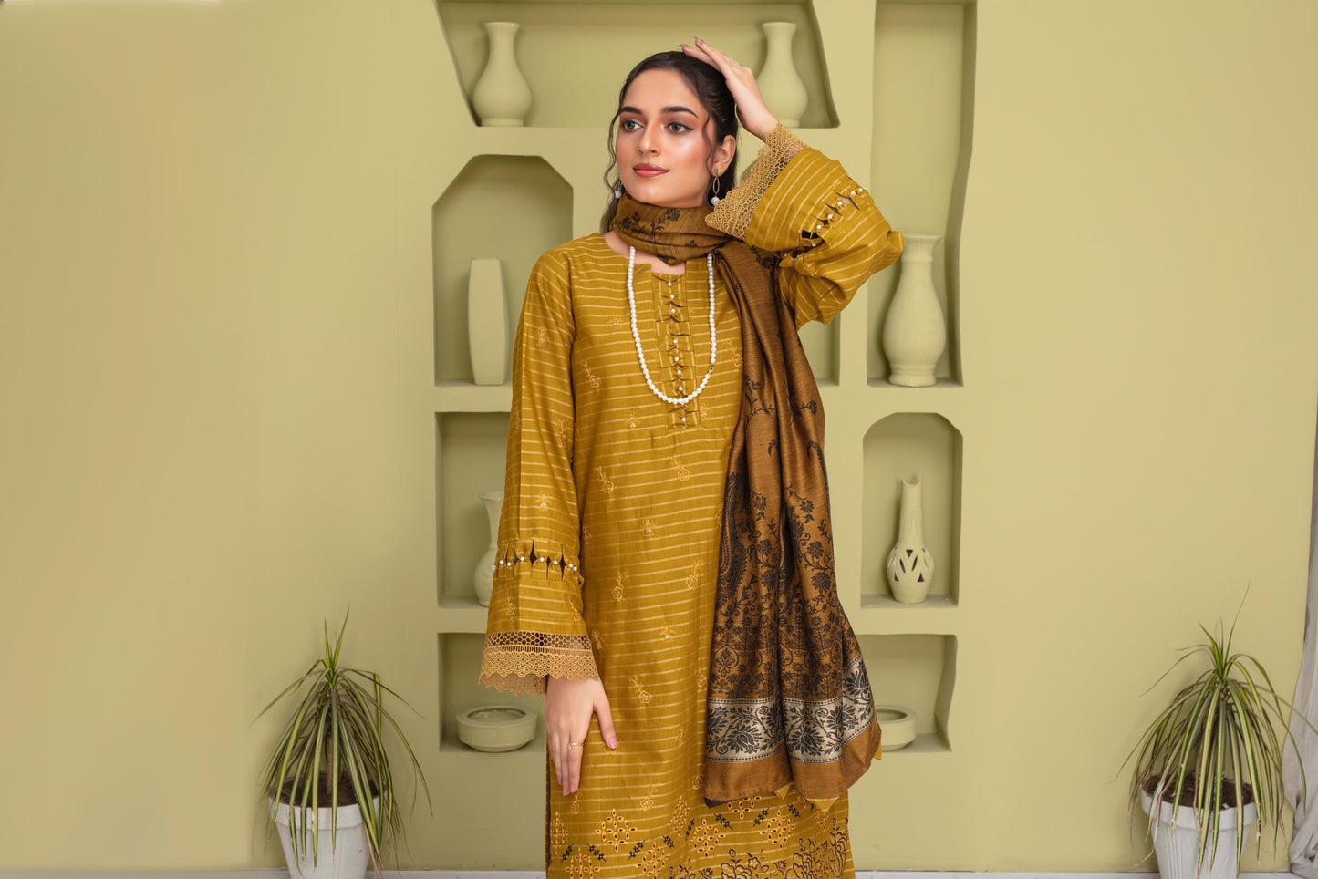 Bareeze 3PC DHANAK EMBROIDERED SHIRT WITH HEAVY CUTWORK EMBROIDERED DHANAK SHAWL AND TROUSER