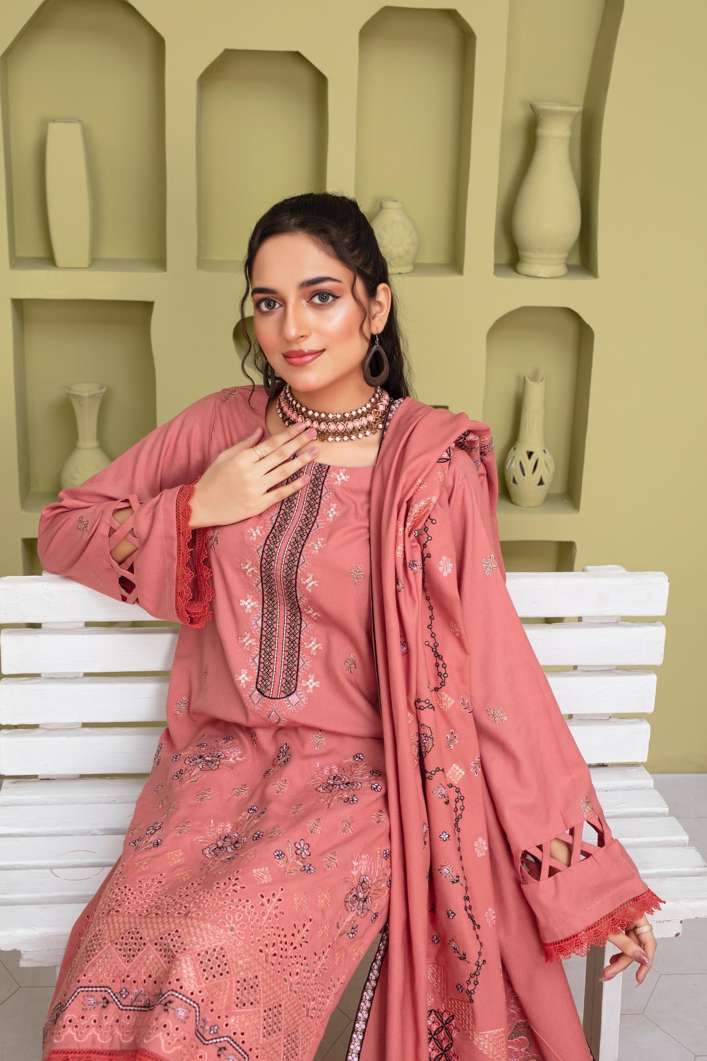 Bareeze 3PC DHANAK EMBROIDERED SHIRT WITH HEAVY CUTWORK EMBROIDERED DHANAK SHAWL AND TROUSER