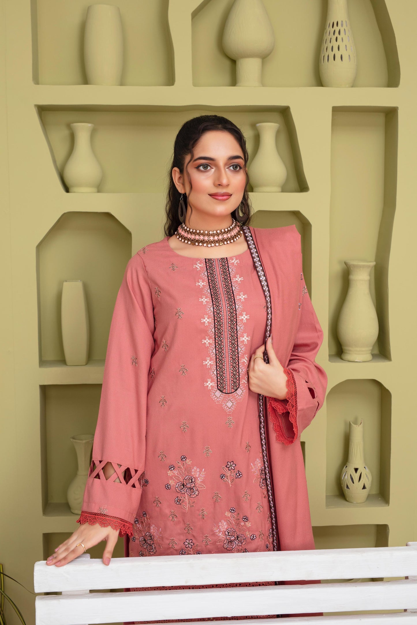 Bareeze 3PC DHANAK EMBROIDERED SHIRT WITH HEAVY CUTWORK EMBROIDERED DHANAK SHAWL AND TROUSER